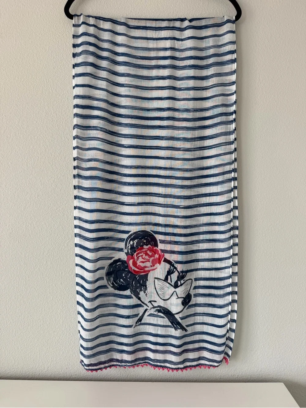 Nautical Striped Minnie Mouse Beach Scarf Sarong with Pink Pom Pom Trim Boho